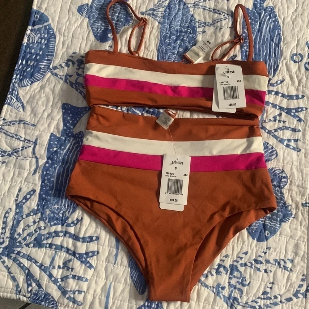 NWT L*SPACE  Rebel stripe top And bottom set amber / bougainvillea /cream small